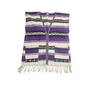 Vintage Guatemala Poncho Cardigan Vest Adult Unisex XL Purple Southwestern Boho